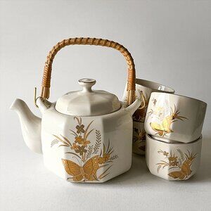 Vintage Japan OTAGIRI CHO-CHO Tea Set Gold Butterfly Floral Teapot and 4 Cups